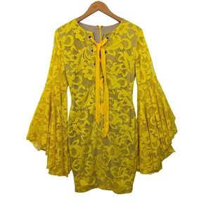 Va Va Voom Vtg 90s Y2K Yellow Lace Bell Sleeve Mini Dress L